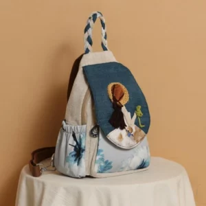 Student Fresh and Versatile Backpack Fabric Art, Woolen Hook Weaving, Double Layer Handheld - Image 2