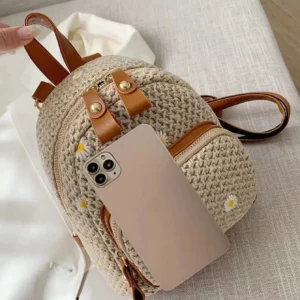 Mini Floral Embroidered Straw Bag Perfect For Summer Beach Travel Vacation Fashionable Student Straw Small Backpack - Image 3