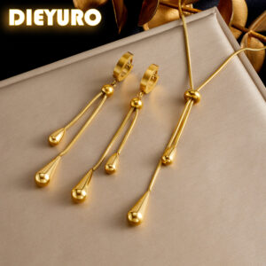 DIEYURO 316L Stainless Steel Adjustable Water Droplet Tassels Necklace Earrings Women New Golden Fashion Jewelry Set Party Gifts - Image 6
