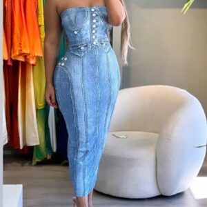 Women's Urban Suits Denim Look Print Bandeau Bodycon Dress 2024 Summer Latest Casual Sleeveless All Over Print Skinny Skirt - Image 6