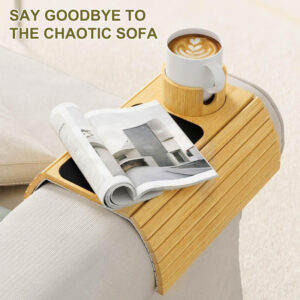 Couch Cup Holder Natural Anti-Slip Bamboo Sofa Armrest Tray Foldable Multifunctional Sofa Cup Holder For Cups Remote Control - Image 2