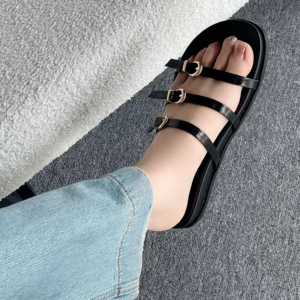 New 2024 Black Footwear Female Beach Ladies Slippers Sandals Shoes Fashion Metal Buckle Women Flats Slides Slippers Big Size - Image 3