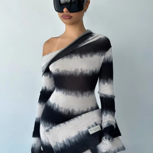 Weird Puss Striped Print Dress Women Trend Contrast Patchwork Inclined Shoulder Neck Full Sleeve Elegant Stretch Long bodycon - Image 6