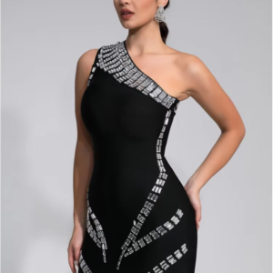 Women Celebrity Sexy One Shoulder Crystal Diamonds Black Mini Bandage Dress 2024 Knitted Elegant Evening Club Party Outfit - Image 4