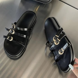 New 2024 Black Footwear Female Beach Ladies Slippers Sandals Shoes Fashion Metal Buckle Women Flats Slides Slippers Big Size - Image 5