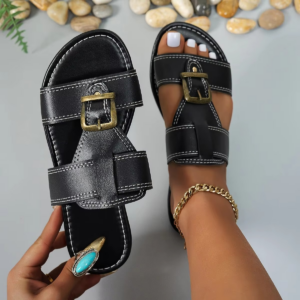 Flat bottomed casual slippers for women 2025 new flat belt buckle comfortable PU large size set foot beach sandals - Image 6
