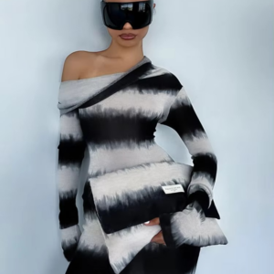 Weird Puss Striped Print Dress Women Trend Contrast Patchwork Inclined Shoulder Neck Full Sleeve Elegant Stretch Long bodycon - Image 7