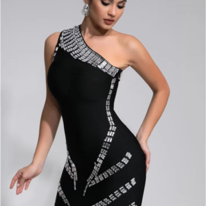 Women Celebrity Sexy One Shoulder Crystal Diamonds Black Mini Bandage Dress 2024 Knitted Elegant Evening Club Party Outfit - Image 3