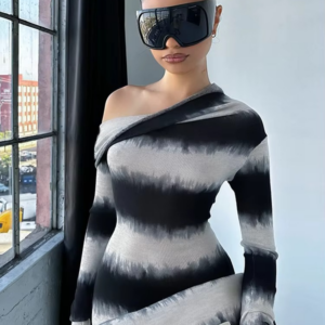Weird Puss Striped Print Dress Women Trend Contrast Patchwork Inclined Shoulder Neck Full Sleeve Elegant Stretch Long bodycon - Image 3
