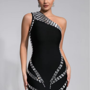 Women Celebrity Sexy One Shoulder Crystal Diamonds Black Mini Bandage Dress 2024 Knitted Elegant Evening Club Party Outfit - Image 7