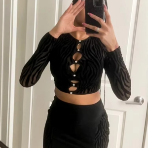 Weird Puss Sexy Hottie Women 2Piece Set Crew Neck Zebra Print Hole Chic Rhinestone Long Sleeve Crop Tops+Skirt Nightclub Suits - Image 6