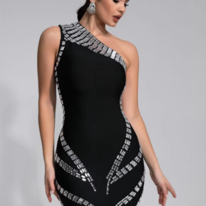 Women Celebrity Sexy One Shoulder Crystal Diamonds Black Mini Bandage Dress 2024 Knitted Elegant Evening Club Party Outfit - Image 5