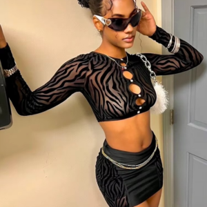 Weird Puss Sexy Hottie Women 2Piece Set Crew Neck Zebra Print Hole Chic Rhinestone Long Sleeve Crop Tops+Skirt Nightclub Suits - Image 4