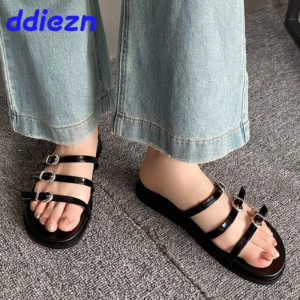 New 2024 Black Footwear Female Beach Ladies Slippers Sandals Shoes Fashion Metal Buckle Women Flats Slides Slippers Big Size - Image 2