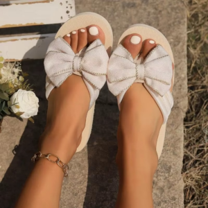 Decoration Casual Flat Slippers Shoes for Women Slides New Summer Slippers Outdoor Beach Flip-flops Cute Flower Bow - Image 4