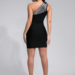 Women Celebrity Sexy One Shoulder Crystal Diamonds Black Mini Bandage Dress 2024 Knitted Elegant Evening Club Party Outfit - Image 2