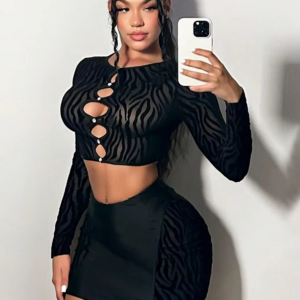 Weird Puss Sexy Hottie Women 2Piece Set Crew Neck Zebra Print Hole Chic Rhinestone Long Sleeve Crop Tops+Skirt Nightclub Suits - Image 5
