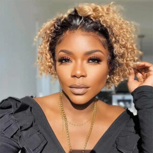 Pixie Cut Wigs Human Hair Ombre 1B/27 Short Curly Lace Front Wigs Brazilian Water Wave Bob Wig 13x1 Transparent Lace Wigs 180% - Image 5