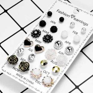 12 Pairs/Lot Acrylic Rhinestone Fashion Earrings Set For Women Flower Heart Stud Earring Girls Simple Geometric Earrings Jewelry - Image 4