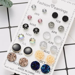 12 Pairs/Lot Acrylic Rhinestone Fashion Earrings Set For Women Flower Heart Stud Earring Girls Simple Geometric Earrings Jewelry - Image 6
