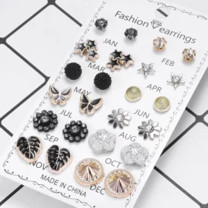 12 Pairs/Lot Acrylic Rhinestone Fashion Earrings Set For Women Flower Heart Stud Earring Girls Simple Geometric Earrings Jewelry - Image 2