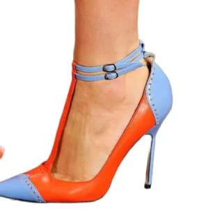 T-Strap Stiletto Heel Pumps Pointy Toe Mixed Colors Ankle Buckle Strap Casual Women Summer Spring Party Dress Office Pumps Shoes - Image 2
