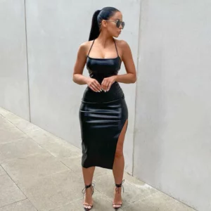 Women Sexy Suspender Mid-length Bodycon Dress Fashion Solid Color Leather Bandage Backless Skinny Split Dress For Female Mujer - Image 2