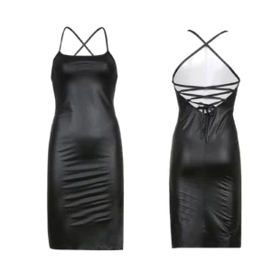 Women Sexy Suspender Mid-length Bodycon Dress Fashion Solid Color Leather Bandage Backless Skinny Split Dress For Female Mujer - Image 4