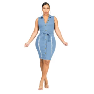 2022 Summer New Woman Sleeveless Ripped Denim Dress Fashion Slim Elastic Button Belt Jeans Dress Casual Clothes S-2XL Drop Ship - Image 3