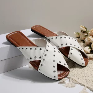Women's Shoes Pu Leather Peep Toe Low Heel Mules Rivet Decoration Classic Colors Young Lady Streetwear Outside Slippers Sandals - Image 5