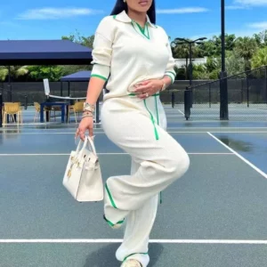 CM.YAYA Fashion Knit Women's Set Long Sleeve Pullover Tops and Wide Leg Pants 2023 Autumn Two 2 Piece Sets Outfits Tracksuit - Image 3
