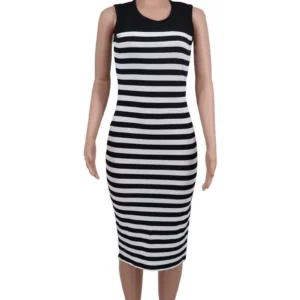 CM.YAYA Women O-neck High Side Split Midi Dress Summer Striped Print Sexy Night Club Party Evening Pencil Chic Dresses Vestidos - Image 4