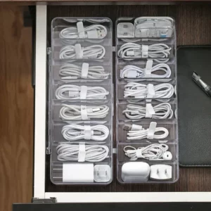 The transparent plastic Data Cable Storage Box household cable MobilePhone Charger Charging Cable Finishing Box Divided Grid Box - Image 2