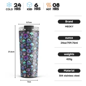 Meoky 24oz Coffee Cup Tumbler Two Ways to Drink Halloween Stainless Steel Portable Insulated Water Bottle Leak-Proof Car Mug - Image 3