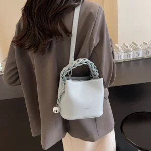 Fashion Weaving Handheld Bucket Bag New Korean Soft Leather Litchi Pattern Handbags Large Capacity One Shoulder Crossbody Bags - Image 4