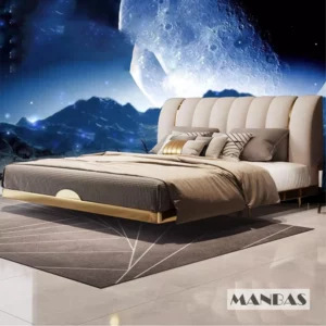 MINGDIBAO Modern Genuine Leather Suspended Bed With Sensor Light, Double Rectangle Bed Frame With Stainless Steel, Nordic Camas - Image 2