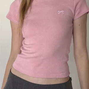 CHRONSTYLE Women Tees Shirt Crop Tops Slim Fit Round Neck Short Sleeve Bow Embroidery Ribbed T-Shirts for Summer Streetwear 2024 - Image 3