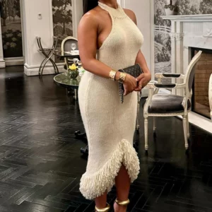 Nibber Knit See Through Women Dress Irregular Backless Sleeveless Halter Sexy Tassel Hem Clubwear Stretch Hipster Party Vestidos - Image 1