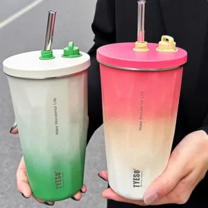 Tyeso 600ML Stainless Steel Coffee Cup With Straw Gradient Color Insulated Water Bottle Car Thermos Mug Cold Drink Vacuum Cup - Image 2