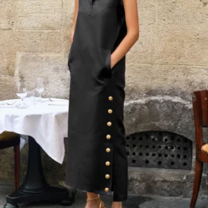 Yeezzi Women Fashion Split-Side Buttoned Stand Collar Evening Dresses 2025 New Sleeveless Solid Color H-Line Casual Shirts Dress - Image 3