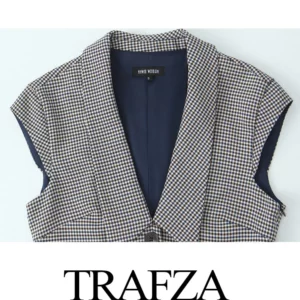 TRAFZA Summer Women Elegant Plaid Sleeveless Mini Dress Woman Single-breasted Design Turn-down Collar Dress Casual Party Dress - Image 6
