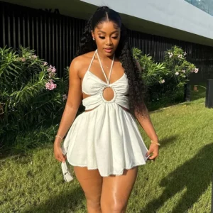 CM.YAYA 2024 Women Halter Strap Sleeveless Mini A-Line Dress Sexy Beading Backless Streetwear Evening Night Club Party Dresses - Image 2