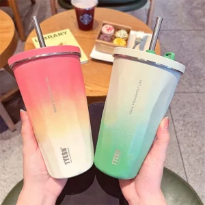Tyeso 600ML Stainless Steel Coffee Cup With Straw Gradient Color Insulated Water Bottle Car Thermos Mug Cold Drink Vacuum Cup - Image 4