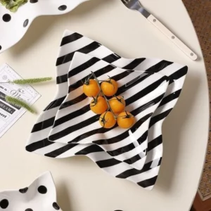 Hand Pinching Irregular Plates French Retro Hepburn Style Black White Polka Dot Tableware Artistic Underglaze Color Plate - Image 5