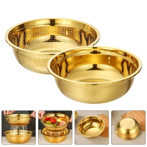 Stainless Steel Drain Basket Colander with Bowl Dish Basin Kitchen Accessory Rice Drainer Gadget Golden Fruit Mesh Strainer - Image 2