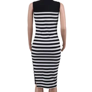 CM.YAYA Women O-neck High Side Split Midi Dress Summer Striped Print Sexy Night Club Party Evening Pencil Chic Dresses Vestidos - Image 6