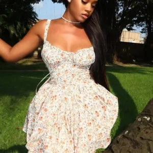 Joskaa Floral Printing Mini Dress Women Hipster Sexy Spaghetti Strap Ruffles Hem Skinny Vestidos 2025 Summer Vacation Outfits - Image 3