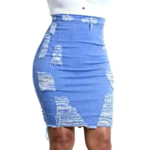 Womens Ripped Distressed Denim Stonewashed Mini Short Skirt Stretch High Waist Knee Length Denim Pencil Skirt Jeans Skirt - Image 2