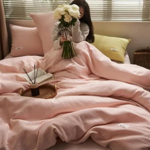 Ins Style Solid Color Waffle Cotton Duvet Cover Set Bed Sheet Four Piece Set High Beauty Quilt Sheet Bed Sheet Bedding Set - Image 6