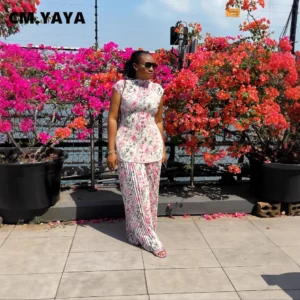CM.YAYA Women Set Floral Print Short Sleeve Pleated T-Shirt + Wide Leg Pants 2025 Street Sexy Two 2Piece Sets Outfits Tracksuit - Image 3